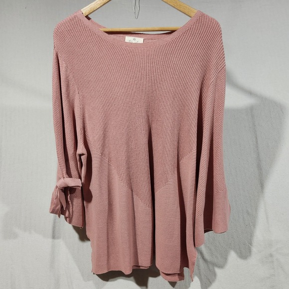 Tres Jolie Womens 1X Pink Ribbed‎ Knit Tie Sleeve Tunic Top Blouse - Picture 1 of 11